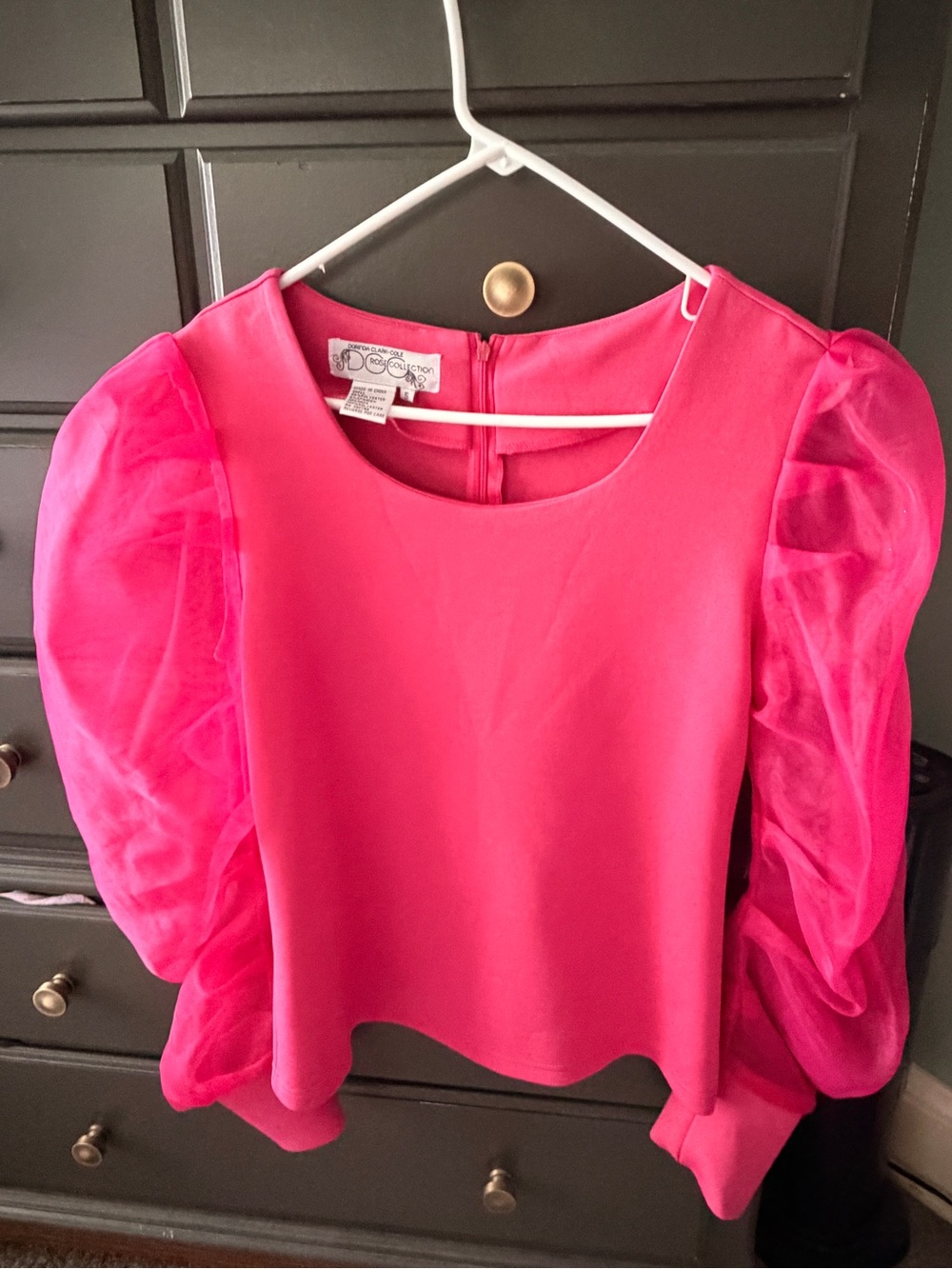 Bright Pink Puff-Sleeve Blouse with Organza Sheer Sleeves